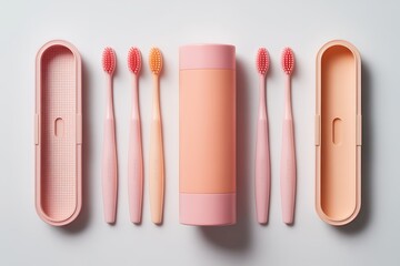 Obraz premium Flat Lay of Pink Toothbrush Set and Accessories on White Background