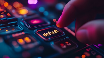 Obraz premium Finger pressing illuminated default key on keyboard with vibrant pink and blue bokeh lights, dramatic close-up view showing modern technology interface.