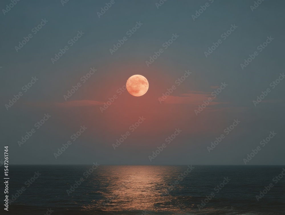 Poster tranquil moonrise over ocean with shimmering reflection and thin clouds - wellness and nature inspir
