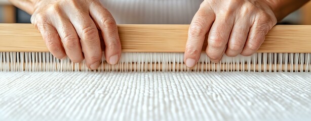 Close-up view of hands working on traditional wooden weaving loom with white thread, showing detailed textile craftsmanship and artisanal process in progress.