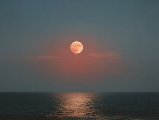Tranquil Moonrise Over Ocean with Shimmering Reflection and Thin Clouds - Wellness and Nature Inspiration for Mindfulness and Calm Environments