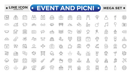 Event and Picnic Outline Icon Set – Food, Drinks, Outdoor Fun, and Festive Gatherings. Editable stroke outline icon.
