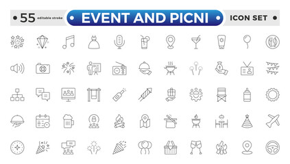 Event and Picnic Outline Icon Set – Food, Drinks, Outdoor Fun, and Festive Gatherings. Editable stroke outline icon.
