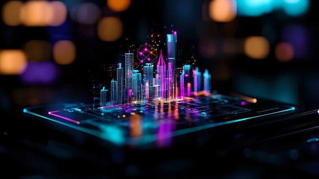 Futuristic cityscape hologram with glowing neon skyscrapers emerging from digital tablet surface against dark background with colorful bokeh lights. Modern technology concept.