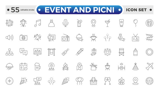 Event and Picnic Outline Icon Set – Food, Drinks, Outdoor Fun, and Festive Gatherings. Editable stroke outline icon.
