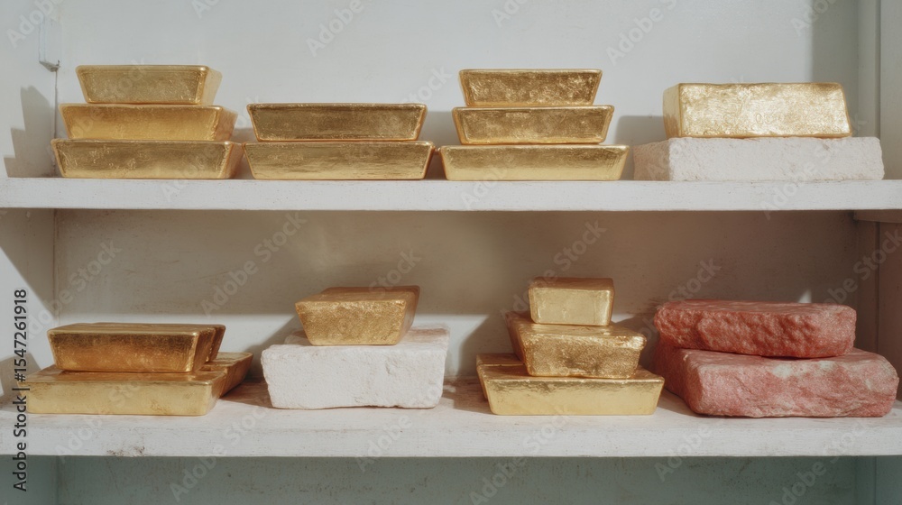 Poster gold vault with mixed precious metal bullion bars stacked on shelves in secure storage for wealth pr