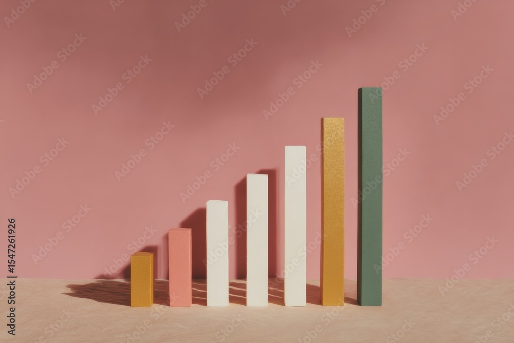 Poster minimalist ascending bar chart with modern earth tone colors on soft pink background for trendy busi