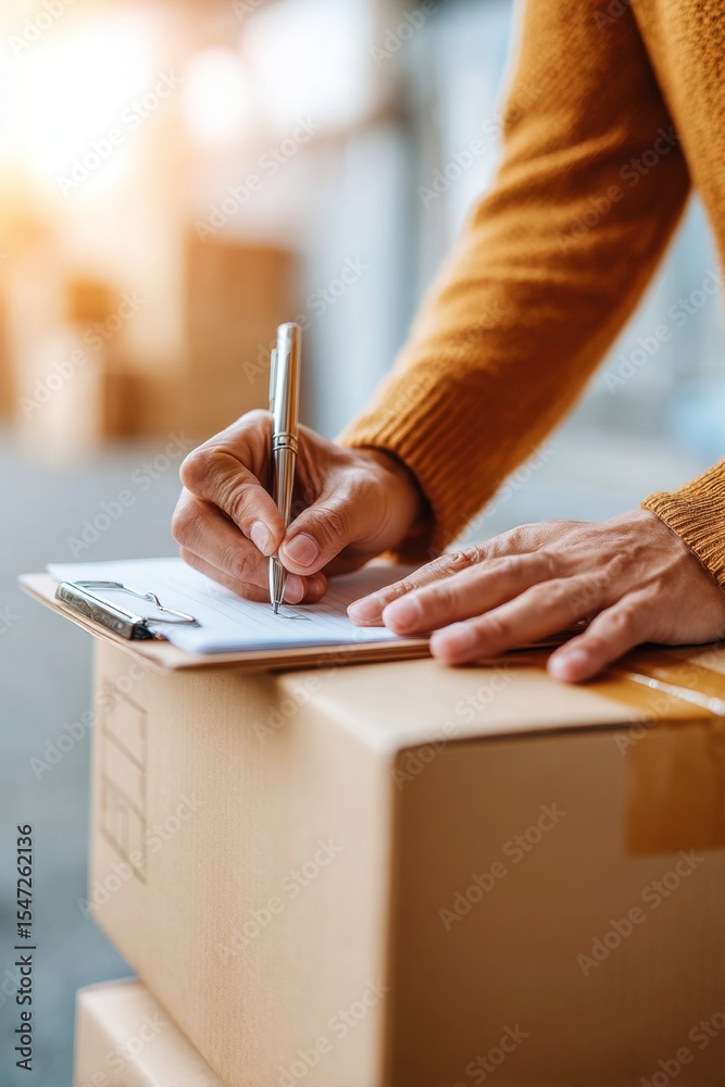 Poster modern e-commerce customs paperwork signing on clipboard over cardboard box in warehouse, symbolizin