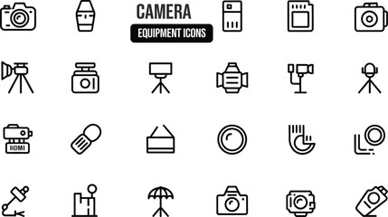 Camera equipment icons isolated on white background