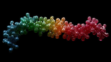 Colorful gradient of translucent spheres forming abstract wave shape on black background, glowing with rainbow colors from blue to red. Isolated design element.