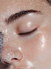Fototapeta premium Close-up of wet glowing skin with water droplets and closed eye showing natural eyebrow and long eyelashes, highlighting hydrated skincare results.