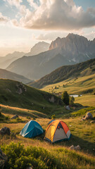 Mountain campsite with two tents at sunrise