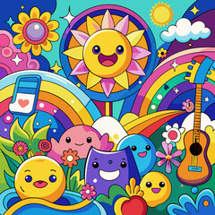 colorful, vibrant, cartoon, whimsical, sun, rainbow, clouds, musical notes, flowers, smiling faces, playful, happy, cheerful, energetic, fun, quirky, imaginative, cartoon style, digital art
