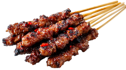 Delicious grilled beef satay skewers isolated on transparent background