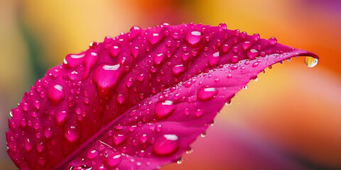 Fototapeta premium Pink leaf with water droplets against dreamy colorful blurred background