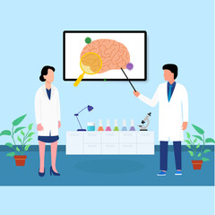 Doctors analyzing brain for tumors or problems in the laboratory Illustration
