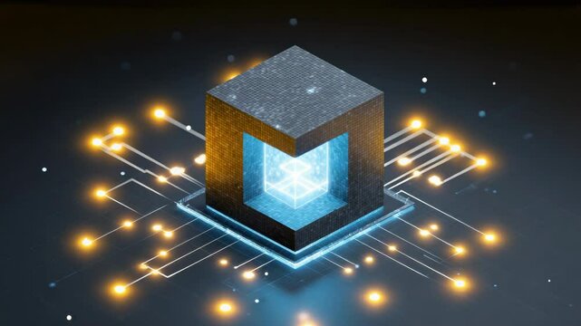 Futuristic cube glowing circuit digital technology abstract blue light innovation 3D render modern network data artificial intelligence high tech conceptual illuminated electronic creative design