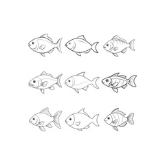 Black and white Fish set illustration for coloring page