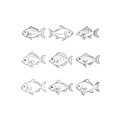 Black and white Fish set illustration for coloring page
