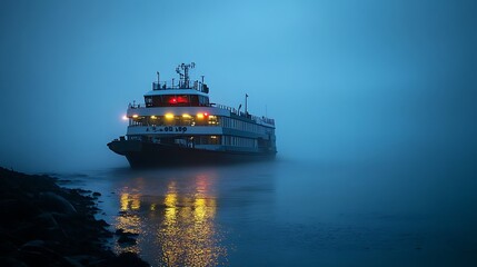 Fototapeta premium Ferry leaning to one side, passengers not visible, emergency lights glowing