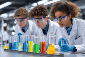 Group of students in white lab coats, focused on colorful chemical reactions in beakers, showcasing teamwork and scientific exploration in a modern laboratory environment