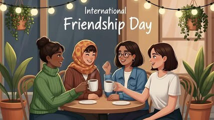 Diverse women friends toast International Friendship Day over coffee. Perfect for friendship, sisterhood, multicultural, women empowerment, or cafe advertisements. Celebrating togetherness.