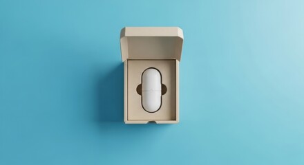 White capsule shaped product in open beige cardboard box on blue background