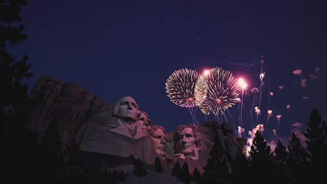 Mount Rushmore with pink and white fireworks in night sky, festive Independence Day celebration, American patriotism, national monument, historical travel destination, USA pride, Fourth of July event