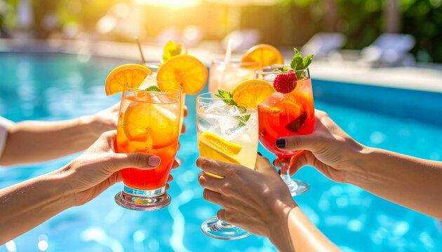 A photo of a close-up of hands toasting with summer cocktails at a poolside party/ beach, with a sunlit, refreshing background - Powered by Adobe