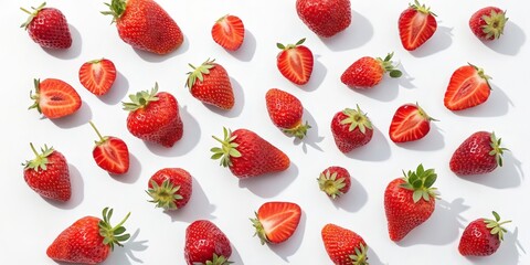 Flatlay Strawberry Pattern Red Berries Composition, White Background, Summer Fruit Concept Strawberry, Flatlay, Food Photography