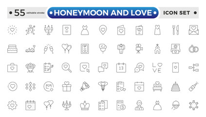 Honeymoon and Love Outline Icon Set – Romance, Weddings, Travel, and Celebrations. Editable stroke outline icon.
