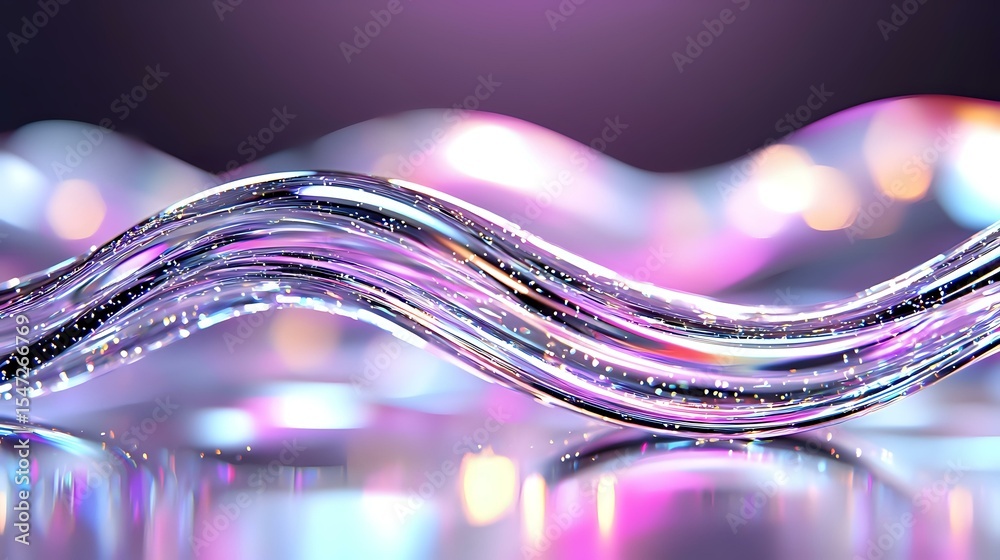 Poster shimmering wave pattern with holographic effect in purple and pink tones against blurred bokeh backg