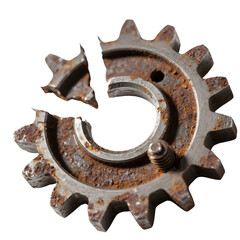 Broken rusty gear isolated on transparent background shows damage