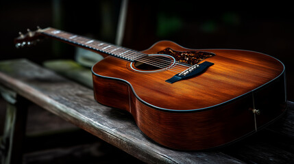 Obraz premium Acoustic guitar on wooden bench, detailed texture in warm light – timeless musical elegance.