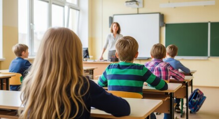 Elementary school children in class listening to teacher
