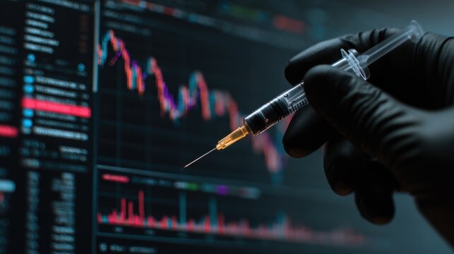 Financial Injection: A gloved hand holds a syringe against a backdrop of fluctuating stock market data on a computer screen.
