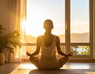 아침 햇살 아래 실내에서 명상하는 여성의 뒷모습 Woman Meditating Indoors in Morning Sunlight 