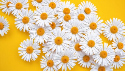 Cheerful white daisies with sunny yellow centers scattered on a vibrant yellow background, floral, isolated