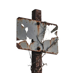 Rusty and damaged metal sign isolated on transparent background