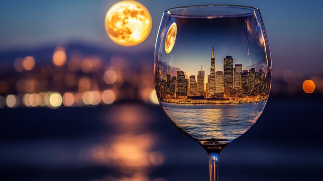 Wine glass with a miniature image of the city of San Francisco illuminated by moonlight. 