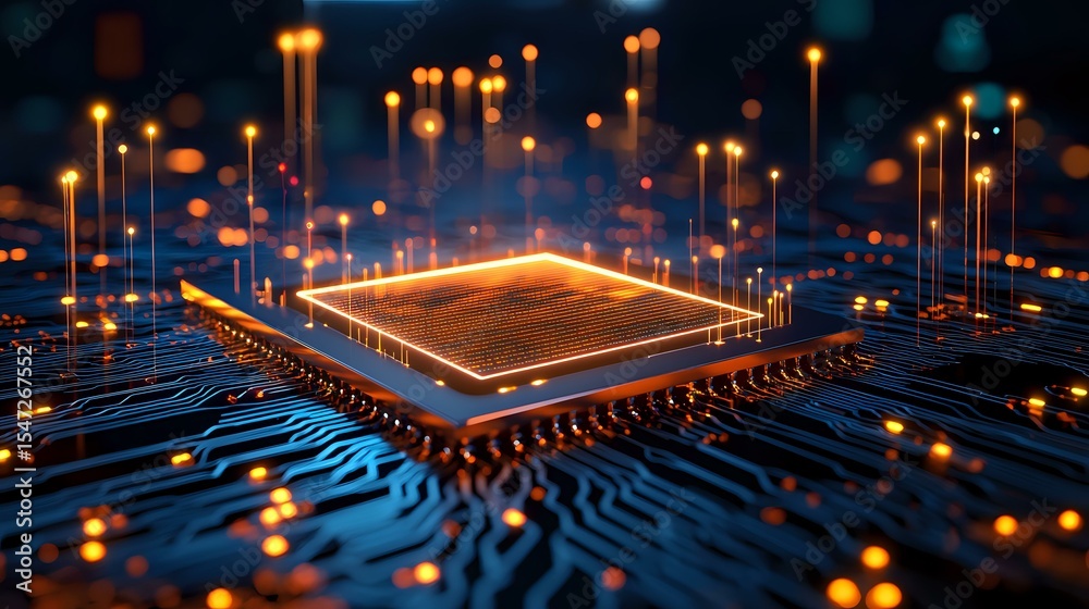 Poster glowing microprocessor on circuit board with illuminated connections and digital pathways in dark bl