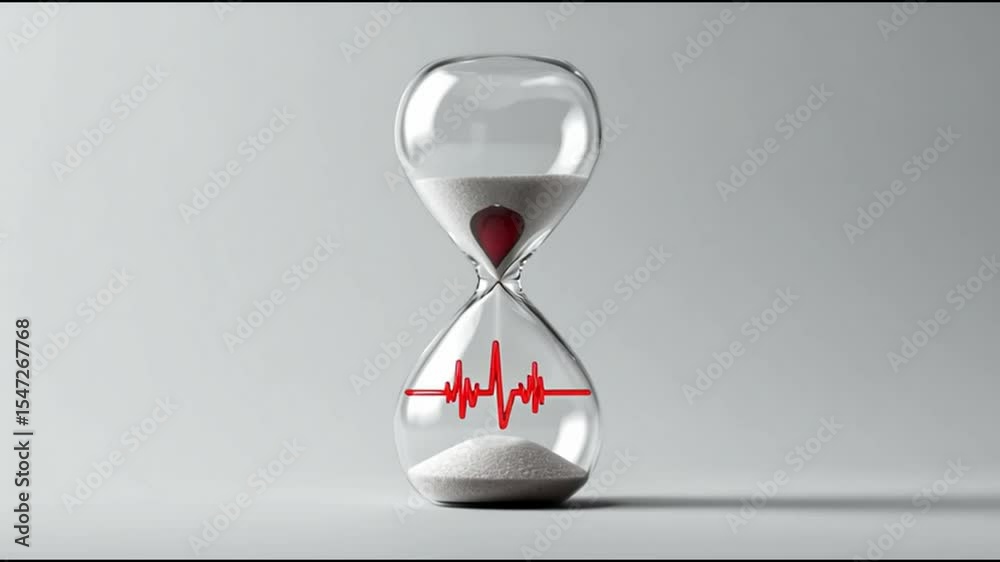 Poster an artistic sand timer features a heart and heartbeat, representing the connection between time, lov