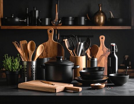 Assortment of Cookware and Wooden Kitchen Utensils - Powered by Adobe