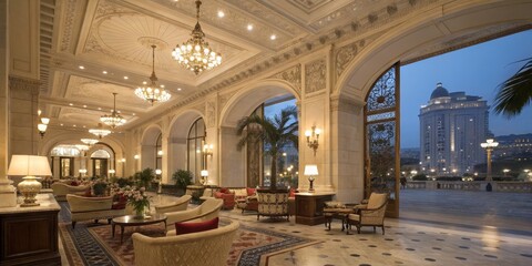 Grand Lobby Interior Opulent Architectural Design, Chandeliers, Night View, Luxury Hotel, Baku Luxury Hotel, Interior Design
