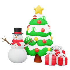 3D Set Christmas tree, Snowman, and gift box Christmas decoration ornament theme design idea	