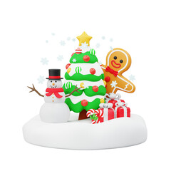 3D Christmas Snowman Tree Giftbox and Gingerbreadman holiday ornaments. Festive winter xmas decoration sphere ball