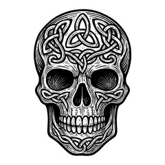Fototapeta premium Skull with Celtic Knot Black and White Outline Line Art Drawing Engraving Sketch Illustration