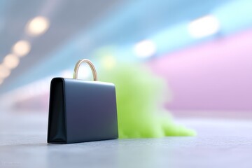 Stylish black handbag in vibrant urban scene with blurred neon lights and green smoke