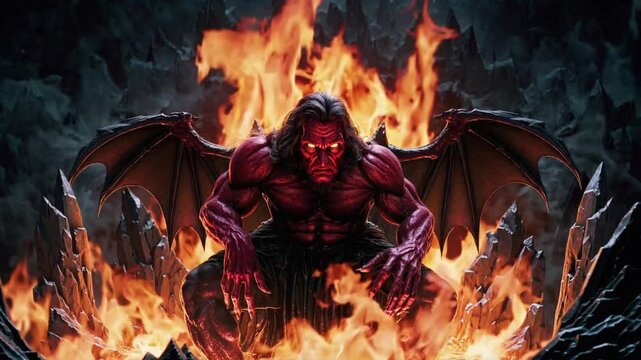 Menacing red demon with massive wings surrounded by flames in hellish landscape, fantasy horror villain, supernatural power, mythology, apocalyptic destruction, evil darkness, fire