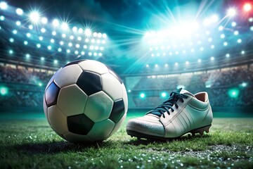 Soccer ball and cleat on the field at night under stadium lights